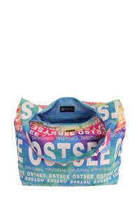 Kleurrijke, bedrukte stoffen tas met verschillende tinten blauw, roze en wit met de tekst "OSTSEE". Inclusief een ritsvak aan de binnenkant en handvatten aan de bovenkant.