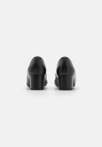 Chaussures en cuir noir à talons carrés avec une texture lisse. Le design à bout arrondi présente une hauteur de talon arrière d'environ 5 cm.