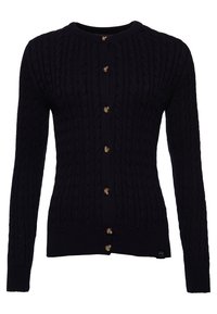 Navyblaues Strickjacke mit Kabelmuster aus strukturiertem Stoff, mit Rundhals, langen Ärmeln und sechs braunen Knöpfen auf der Vorderseite.