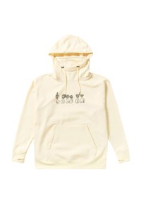 Hoodie de couleur crème fabriqué en tissu doux, doté d'une poche avant, de cordons de serrage et d'un design graphique avec un texte stylisé sur la poitrine.