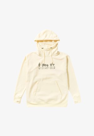 Hoodie de couleur crème fabriqué en tissu doux, doté d'une poche avant, de cordons de serrage et d'un design graphique avec un texte stylisé sur la poitrine.