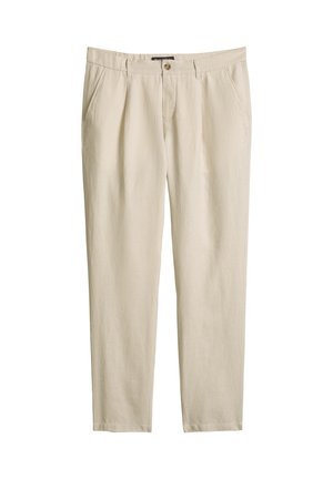 Beige broek met rechte pijpen, voorzakken, riemlussen, knoopsluiting en gulp met rits, gemaakt van lichtgewicht stof.