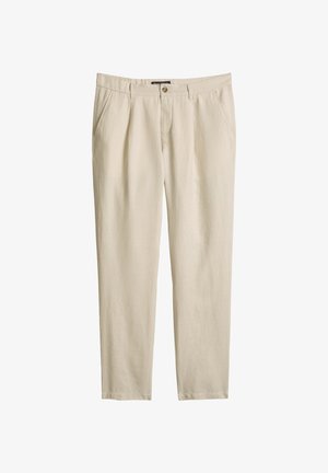 Beige broek met rechte pijpen, voorzakken, riemlussen, knoopsluiting en gulp met rits, gemaakt van lichtgewicht stof.