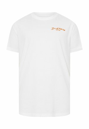 Weißes kurzärmeliges T-Shirt mit kleinem orangem Schriftzug „Bad Rhino est '15“ auf der oberen linken Brust.