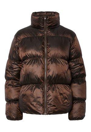 Pruun puffer-tüüpi jope kõrge krae, läikiva viimistluse ja horisontaalse õmblusega. Varustatud ees tõmblukuga ja elastse vööosaga, mis tagab keha järgiva lõike.