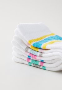 Chaussettes en coton colorées empilées, avec des rayures jaune, bleu, rose et gris sur un fond blanc. Texture douce, hauteur mi-mollet.
