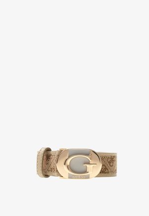 Ceinture Guess beige avec motif monogramme et grande boucle ovale dorée ornée d'un "G" en relief et d'une gravure "GUESS".