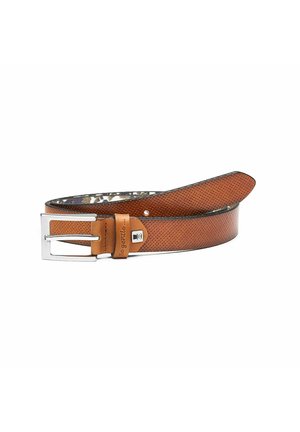 Brown leather belt with a perforated texture, silver metal buckle, and a tag that reads "Be gentle." Simple, narrow design with a smooth finish.