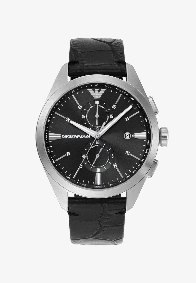Pánské analogové chronografické hodinky Emporio Armani s černým ciferníkem, stříbrnými indexy, okénkem pro datum, tachymetrickým rámečkem a černým koženým řemínkem.