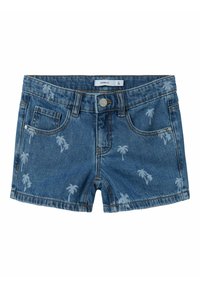 Jeansshorts i mellanblått med palmträds mönster, framfickor, 5-fickorsdesign och metallknappstängning.