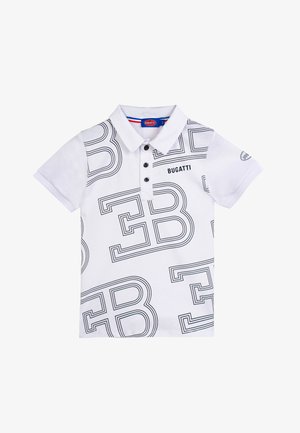 Polo bianca con grandi motivi a "B" delineati in nero, scritta "BUGATTI" sul petto, maniche corte, colletto con bottoni e rifinitura interna del colletto in rosso, bianco e blu.
