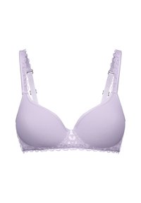 Lilac bra with molded cups, lace trim, and adjustable straps. Features a smooth texture and floral lace detailing at the band.