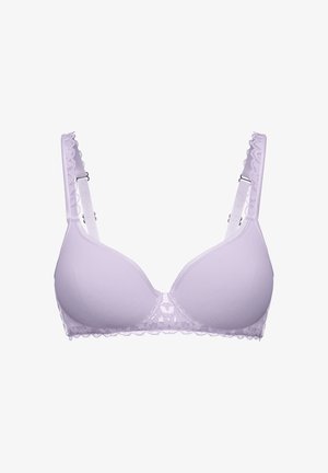 Lilac beha met gevormde cups, kantafwerking en verstelbare bandjes. Heeft een gladde textuur en bloemenkantdetails aan de band.