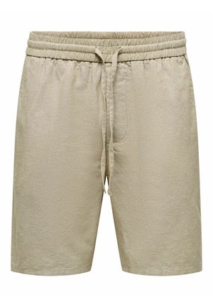Bézs színű, hétköznapi rövidnadrág elasztikus derékpánttal és húzózsinórral, térd középig érő hosszúságú, könnyű anyagból, látható logók vagy minták nélkül.