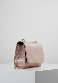 Borsa a tracolla in suede rosa pallido con finitura lucida, forma rettangolare, chiusura a pattina e tracolla in catena argentata, appoggiata su un piedistallo bianco.