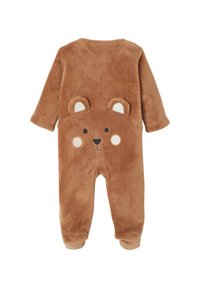 Brauner Fleece-Overall mit langen Ärmeln. Bärenkopf-Design auf dem Rücken, mit Ohren und gestickten Augen. Weiche Textur, praktisch für den Komfort.