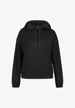 Musta huppari, joka on valmistettu pehmeästä kankaasta. Siinä on vuorattu huppu, säädettävät nyöritykset ja joustavat hihansuut, ja se istuu väljästi.