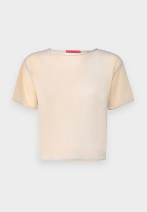 Tricou cu mânecă scurtă, de culoare bej deschis, cu decolteu rotund. Are accente albastre și galbene pe mâneci și tiv. Material neted și ușor.