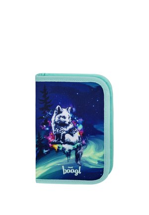 Blue zippered pouch with light turquoise trim featuring a white fox and colorful northern lights over a forest background and "baagl" text.