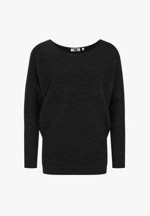 Sort ribbet sweater med en løs pasform, bred rund halsudskæring og lange ærmer. Har et tekstureret stof og elastisk kant.