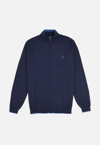 Pull en maille bleu marine, fermeture éclair sur le devant, col et poignets côtelés, accents bleus à l'ourlet et aux bords des manches, petit logo sur le côté gauche.
