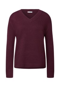Pull en maille bordeaux avec un col en V, des manches longues et des poignets côtelés. Texture douce et coupe décontractée avec des détails de couture subtils.