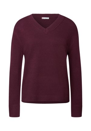 Pull en maille bordeaux avec un col en V, des manches longues et des poignets côtelés. Texture douce et coupe décontractée avec des détails de couture subtils.