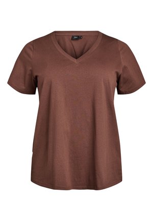 Braunes T-Shirt mit kurzen Ärmeln und V-Ausschnitt. Aus Baumwolle gefertigt, bietet es eine lässige Passform und eine glatte Textur mit seitlichen Schlitzen.