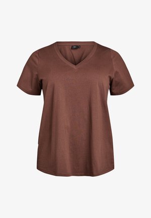 Bruine T-shirt met korte mouwen en een V-hals ontwerp. Gemaakt van katoen, met een relaxte pasvorm en een gladde textuur met zijsplitten.