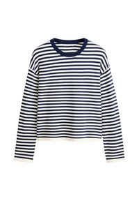 Pull à manches longues avec des rayures horizontales bleu marine et blanches et un col rond bleu marine sur fond blanc.