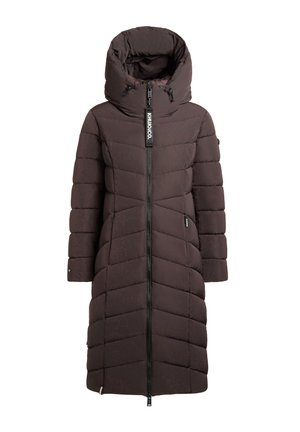 Brown puffer coat with a high collar, diagonal quilted pattern, front zipper, and side pockets. Features brand logo tag on the zipper.