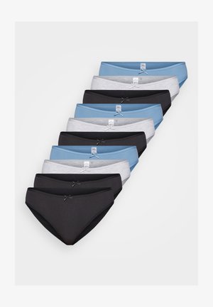 Pacote com 10 cuecas bikini em preto, cinza e azul. Material em mistura de algodão, com um acabamento suave e um pequeno laço decorativo na cinta.
