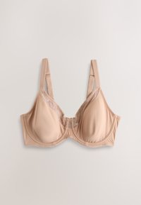 Soutien-gorge beige avec armatures, bretelles réglables et détail en dentelle sur les bonnets supérieurs et la bande, présenté à plat sur un fond clair.