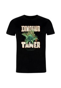 Černé bavlněné tričko s grafikou dinosaura a textem "Dinošer" v zelené a oranžové barvě. Pohodlný střih, krátké rukávy.