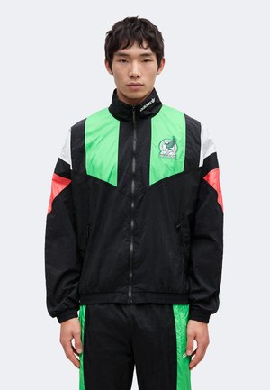 Joven con chaqueta y pantalones deportivos Adidas con temática de México en negro, verde, blanco y rojo, de pie frente a un fondo liso.
