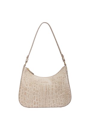 Beige Handtasche aus Kunstleder mit einer strukturierten Krokodilprägung, geschwungener Form und einem verstellbaren Riemen. Ausgestattet mit Hardware in Goldoptik.