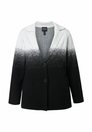 Sort og hvid gradient blazer med krave, to frontlommer og knaplukning; blødt, tekstureret stof med et prikket mønster.