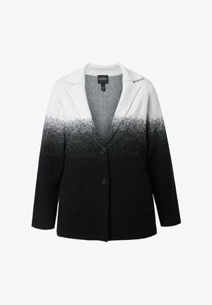 Blazer in gradazione di grigio e bianco con colletto, due tasche frontali e chiusura a bottoni; tessuto morbido e testurizzato con un motivo a pois.