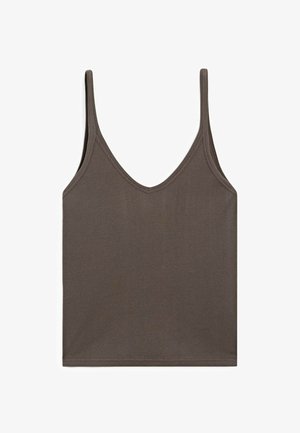 Brown ribbed tank top with a V-neckline and thin straps. Fabric has a smooth texture, designed for a fitted silhouette.