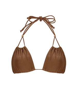 Brązowy, lśniący bikini w kształcie trójkąta z marszczonymi miseczkami. Posiada regulowane wiązania na szyi i plecach, co pozwala na dopasowanie do sylwetki.