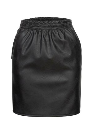 Mini-jupe en cuir noir avec une ceinture élastique. Texture lisse, silhouette ajustée et ourlet effilé. Pas d'embellissements supplémentaires.