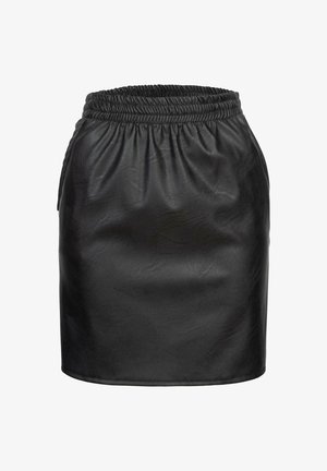 Schwarzer Leder-Minirock mit elastischem Bund. Glatte Textur, figurbetonte Silhouette und zulaufender Saum. Keine zusätzlichen Verzierungen.