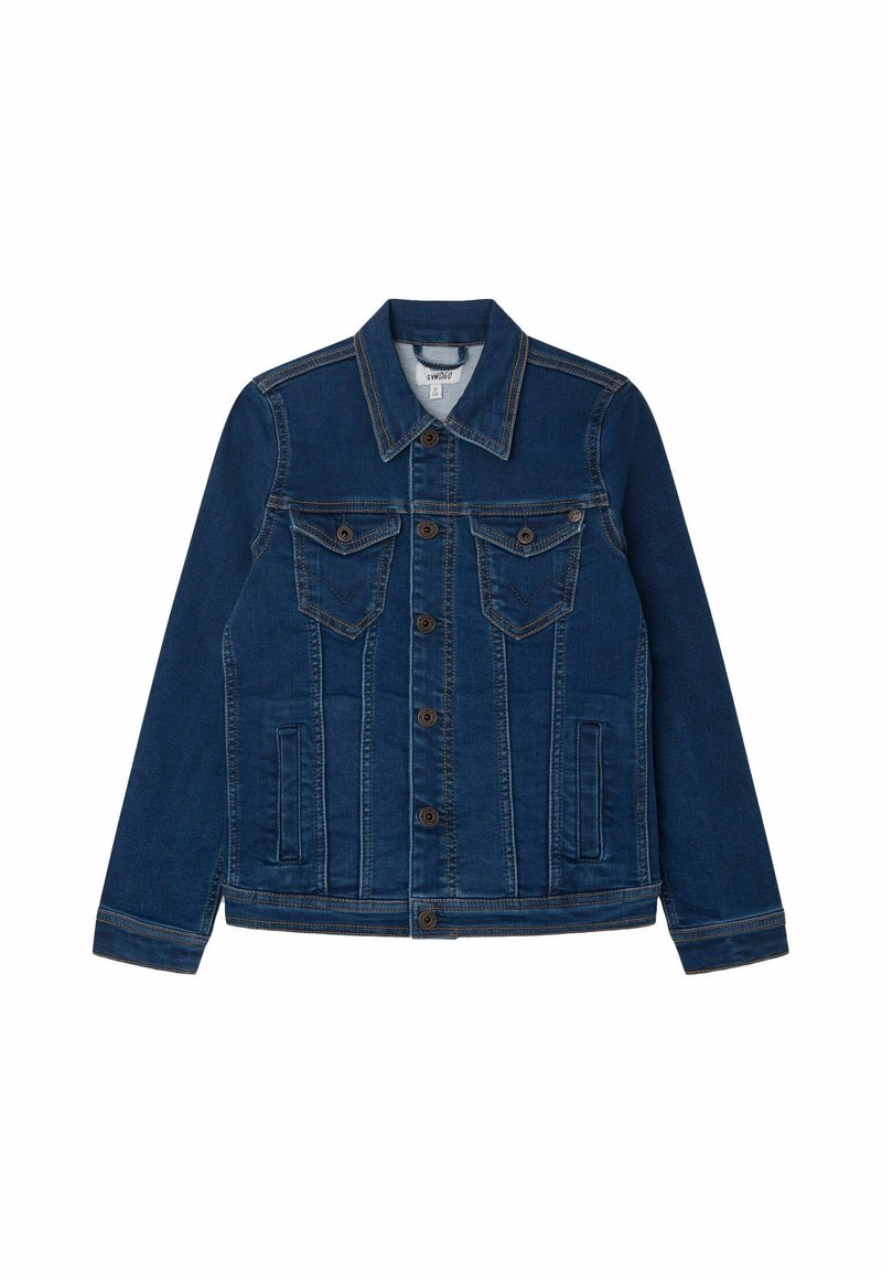 Tmavě modrá džínová bunda s knoflíkovou přední stranou, dvěma náprsními kapsami, bočními kapsami a klasickým límcem. Viditelné detaily šití.
