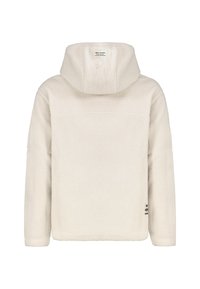 Crèmewitte fleece pullover met een hoge kraag, lange mouwen en een gestructureerd oppervlak. Heeft een label aan de linksonderkant.