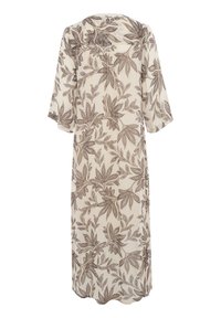 Robe fluide, midi, en tissu crème, avec un motif de feuilles marron, des manches larges et un col rond.