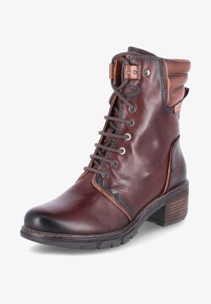 Brown leather ankle boot with a rounded toe, lace-up front, and cushioned collar. Features a block heel and textured rubber sole.