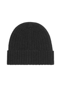 Gorro de punto acanalado negro con vuelta, diseñado para mantener el calor y para un uso casual.
