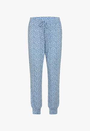 Blå mönstrade pyjamasbyxor med mjukt tyg, elastisk midja och avsmalnande anklar som har en liten blommönstring.