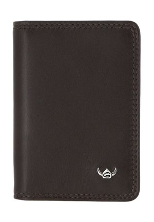 Dunkelbraune Lederbrieftasche mit sauberer Naht und kleinem silbernem Wikingerhelm-Logo unten rechts.