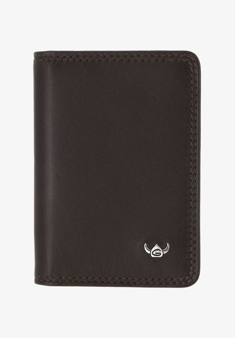 Portefeuille en cuir marron foncé avec une couture soignée et un petit logo casque viking argenté en bas à droite.